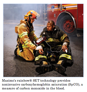 Firefighters using Masimo rainbow SET technology to measure carbon dioxide levels in their blood after fighting fire