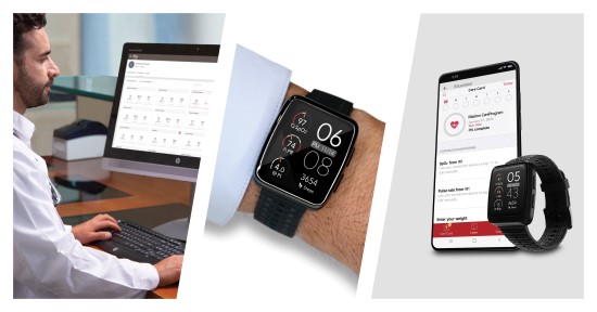 lifestyle shots showing clinician on computer with safetynet app, masimo w1 watch, phone displaying masimo safetynet app