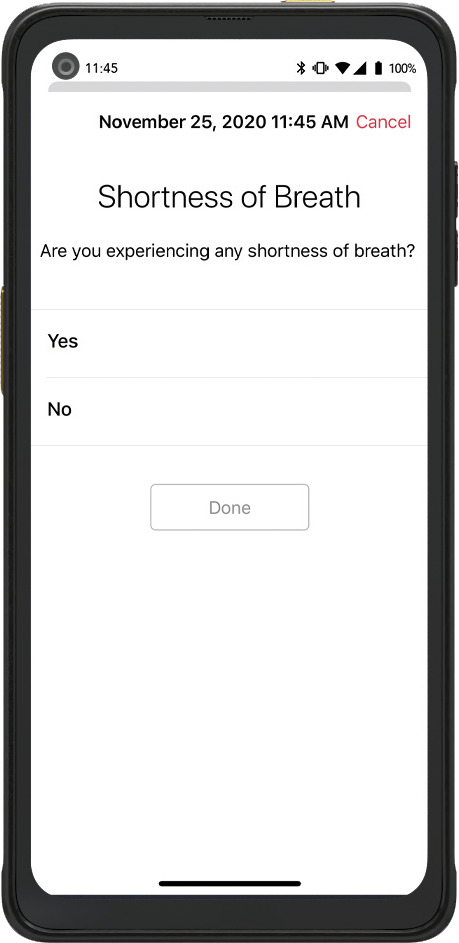 CarePrograms web app input screen asking, “are you experiencing shortness of breath?”